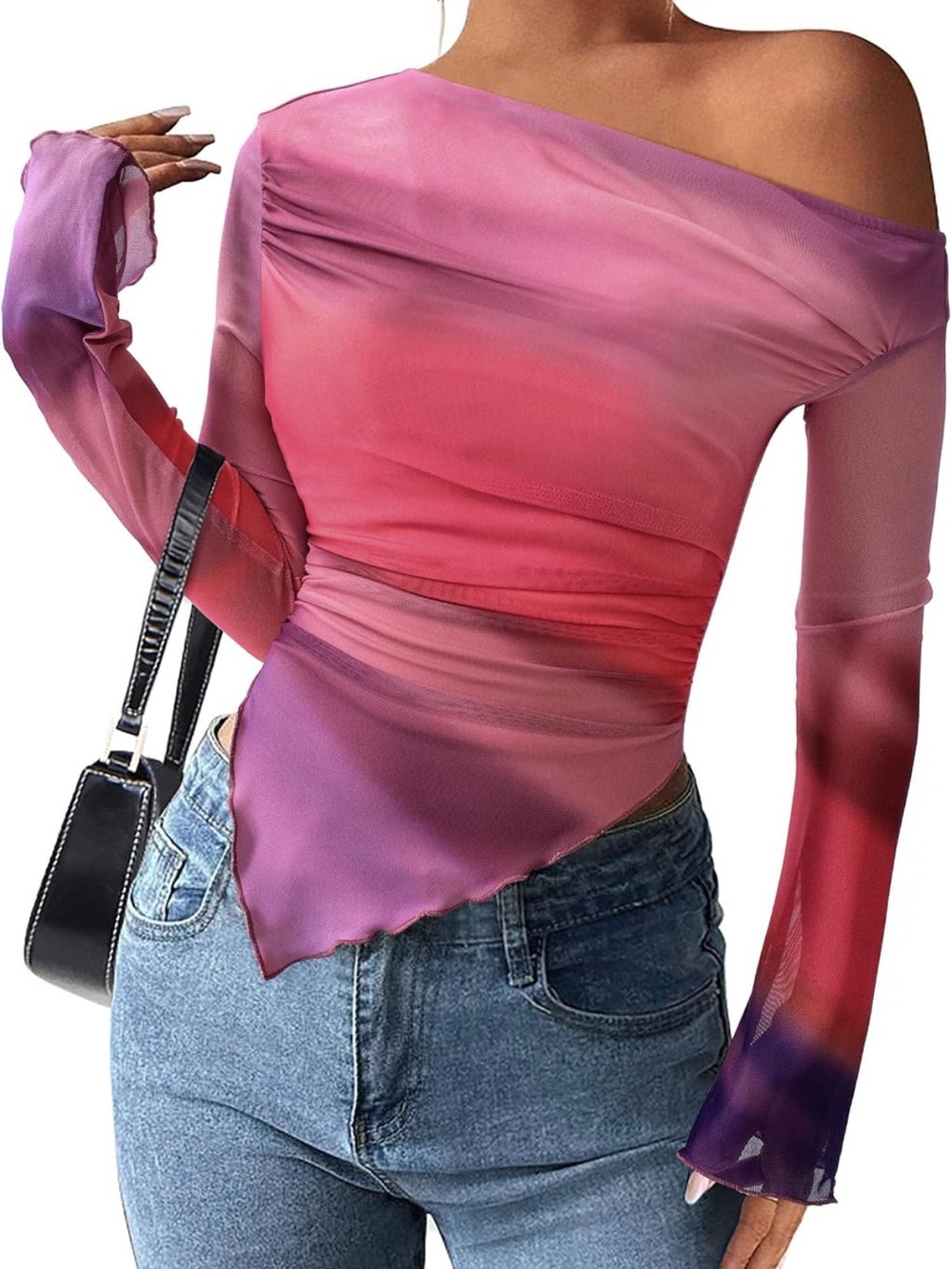 NWT PRETTYGARDEN Womens Off Shoulder Mesh Y2k Stretchy Fitted Long Sleeve Shirt